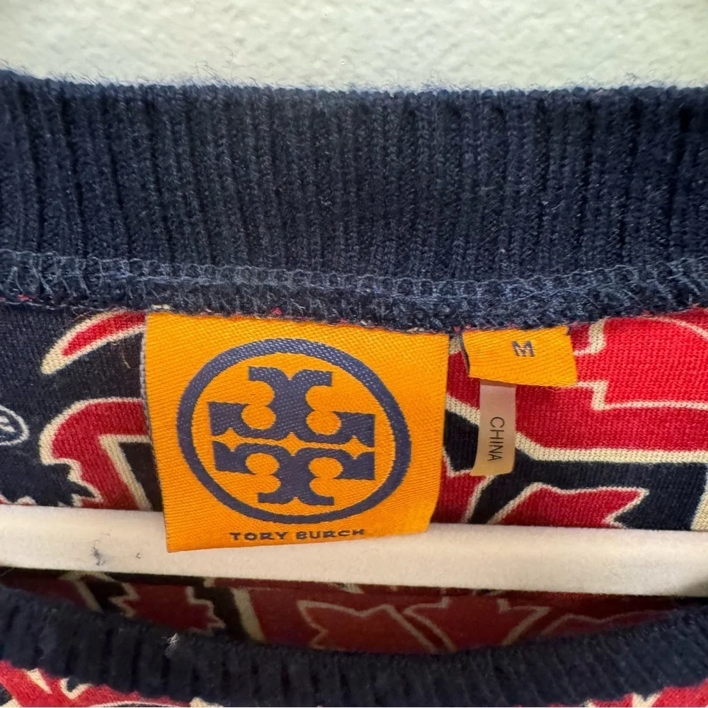 Tory‎ Burch Long Sleeve Pleated Ribbed Dress Women’s Medium Red Navy